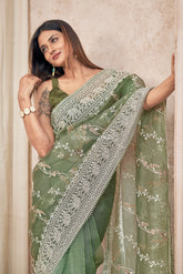 Pear Green Pure Organza Embroidery Work Saree